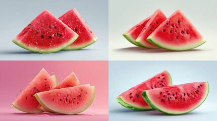 Slices of juicy watermelon on various color backgrounds evoke freshness and summer vibes