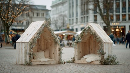 Creative urban eco decorating for Christmas with wooden houses in a festive city square