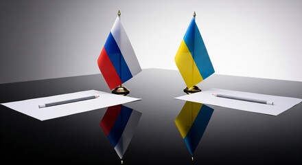 Negotiation and Diplomatic Discussion: Russia and Ukraine flags stand on either side, flanking a table prepared for diplomatic discussions, with space for notes and documents.