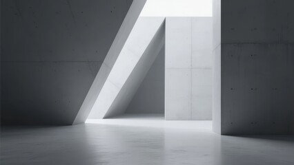 Minimalist concrete interior with geometric light beam and angular architecture