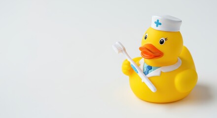A bright yellow rubber duck, dressed as nurse with white hat and collar, is holding toothbrush against stark background. Children’s dentistry concept.copy space