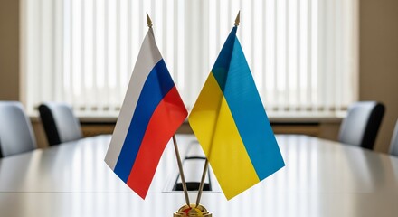 Flags of Russia and Ukraine: The flags of Russia and Ukraine stand side-by-side in a symbolic display of international relations, diplomacy, and the pursuit of peace.
