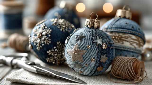 Creative Christmas upcycling ornaments made from denim and decorated with embellishments for a festive home