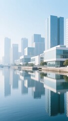 Obraz premium Modern city skyline reflected in calm water along a riverfront
