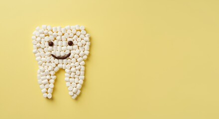 A tooth shape, made up of small white marshmallows with chocolate candies for eyes and mouth, rests on yellow background, implying an irony regarding dental health. Children’s dentistry concept.copy s