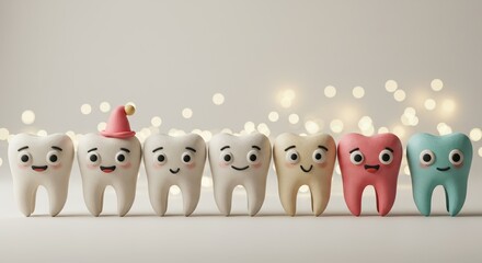 Against a bokeh backdrop, row of cheerful, colorful tooth characters with smiling faces stand together, one playfully sporting small, pink, gnome-like hat. Children’s dentistry concept.