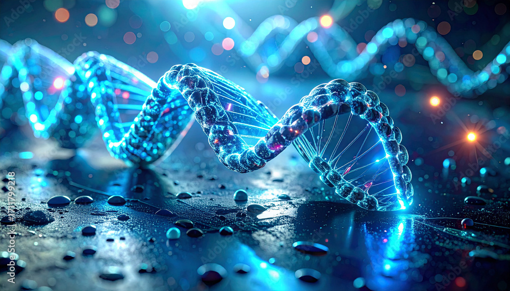 Poster dna helix in the lab: an illuminated dna helix in a lab setting, with water droplets and sparkling l