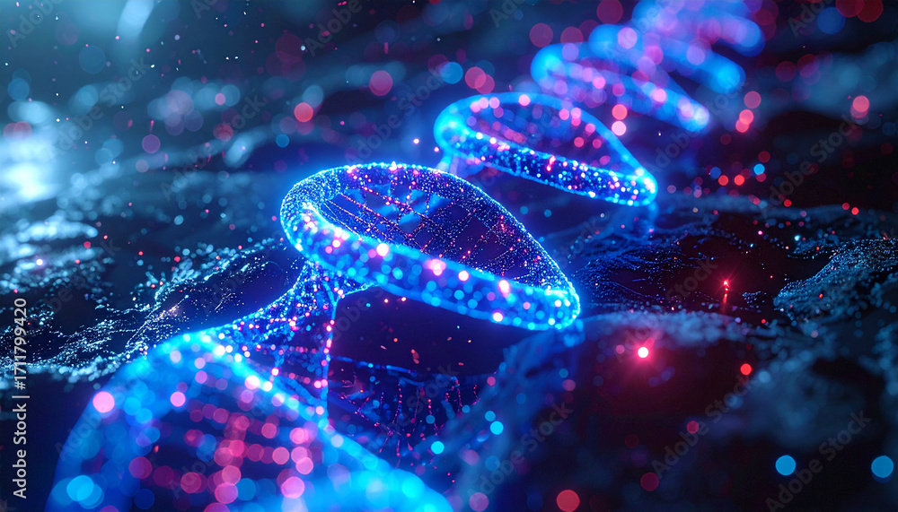 Poster genetic code: a captivating, close-up view of a double helix dna structure, beautifully rendered wit