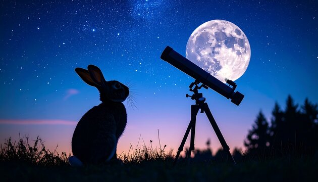 Rabbit gazes at moon through telescope at night - Powered by Adobe