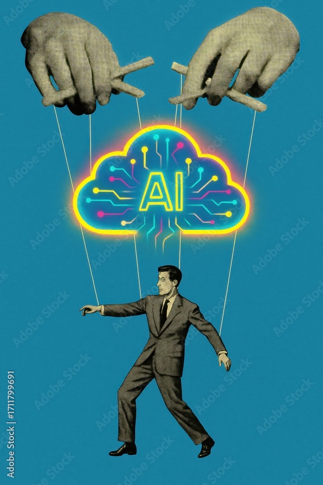 Poster businessman controlled by ai cloud puppet strings representing artificial intelligence influence