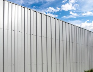 Gray corrugated metal fence against a partly cloudy sky