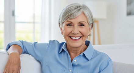 Portrait of Serene Senior: A warm and inviting portrait capturing a serene, smiling senior woman exuding elegance and wisdom in a light-filled, welcoming setting. 