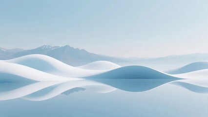 Snow-covered dunes under a clear sky with distant mountains in a serene winter landscape