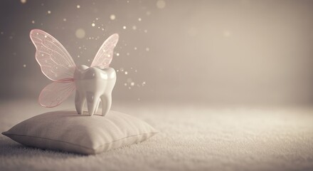 Resting on a soft pillow, gleaming white molar with delicate pink fairy wings awaits the arrival of tooth in scene filled ethereal light. Children’s dentistry concept. copy space