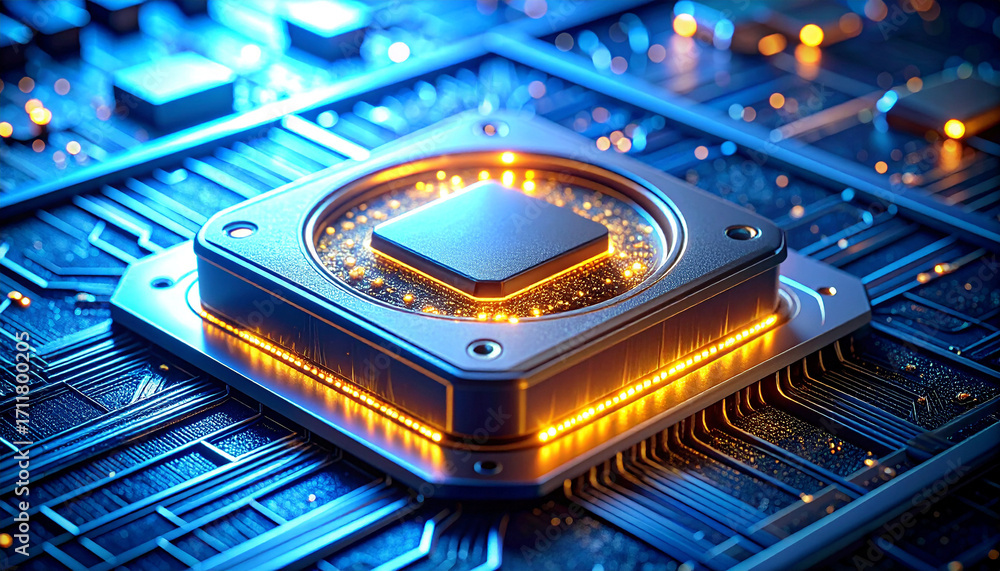 Poster advanced processor: an illuminating close-up of a cutting-edge processor, showcasing intricate circu