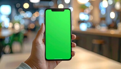 Realistic close-up photo of a hand holding smartphone with green screen, blurred city lights bokeh background