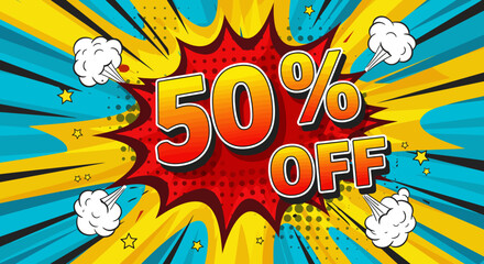 Fototapeta premium Comic style graphic with 50 OFF text Burst background with yellow blue and red colors White clouds and stars