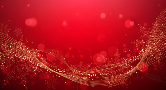 Sparkling golden waves and snowflakes on a vibrant red festive background, ideal for holiday celebrations and New Year's greetings