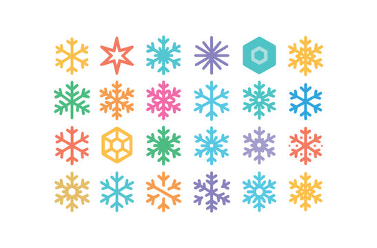 colorful flat vector icons Snowflakes (Types) hexagon flake star flake dendrite flake needle flake plate flake stellar flake branch flake fern flake lacy flake simple flake ornate flake.