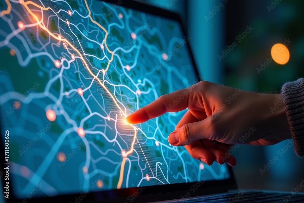 Poster hand navigating through virtual cityscape map on laptop screen with illuminated fingertips