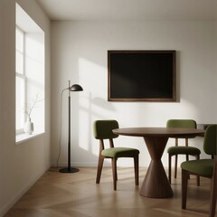 Modern minimalist dining room with wooden table and green chairs