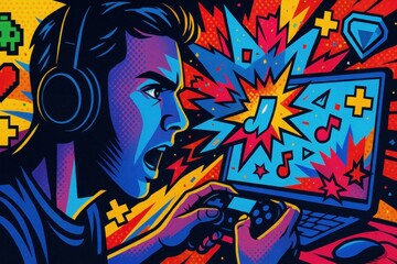 Young man playing video games on laptop with headphones in colorful pop art style