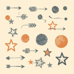 Pattern of stars, circles, and arrows with rustic charm. Suitable for backgrounds, designs, decor, crafts, and print materials.