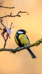 Fototapeta premium A small bird perched on a branch with a delicate pink flower