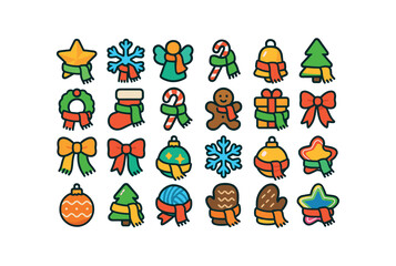 Naklejka premium colorful flat vector icons Scarves (Decorations) scarf star scarf snow scarf angel scarf bell scarf tree scarf wreath scarf stocking scarf candy scarf cookie scarf gift scarf ribbon scarf.