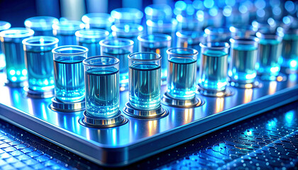 Scientific Precision: A meticulously arranged tray of identical glass vials, each filled with a vibrant blue liquid, captures the essence of laboratory precision, scientific exploration.