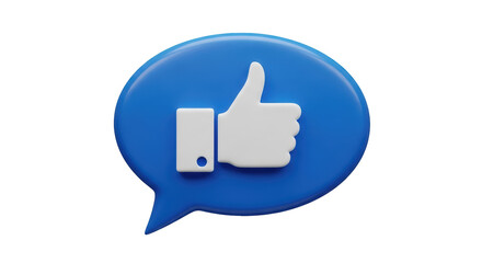 Isolated Thumb up in blue chat bubble, 3D rendering, approval, acceptance concept