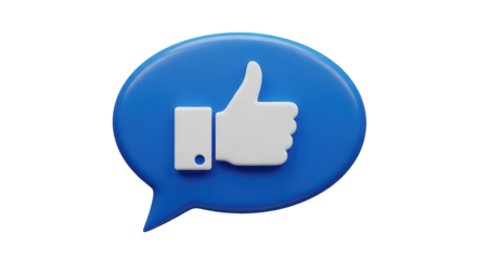 Isolated Thumb up in blue chat bubble, 3D rendering, approval, acceptance concept