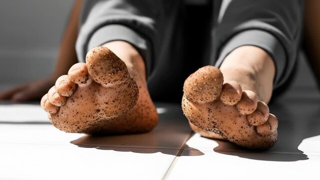 Child's dirty soles resting on white tiled floor