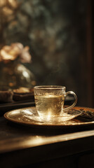 Fototapeta premium Korean Retinol Tea Steam with golden tray and soft light