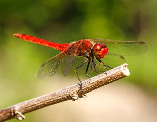 Red dragonfly perched on twig