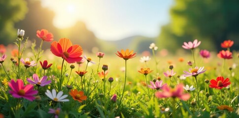Fototapeta premium Vibrant wildflowers bloom in a sun-drenched meadow, creating a breathtaking display of natural beauty Perfect for illustrating summer, nature, and environmental themes , plants, landscape, summer