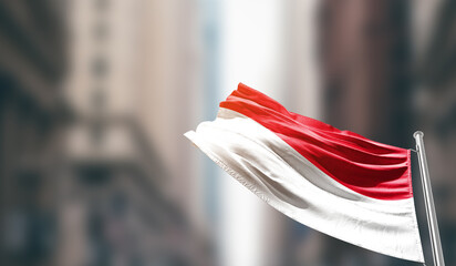 Monaco national flag waving on street. A beautiful with mast with blur buildings. Monaco national...
