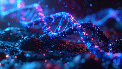 DNA Helix: A vibrant depiction of a DNA helix structure, bathed in neon hues, set against a backdrop of organic texture, embodying the essence of life and scientific innovation.