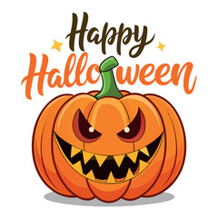 A cheerful jack o lantern pumpkin with a wide grinning face