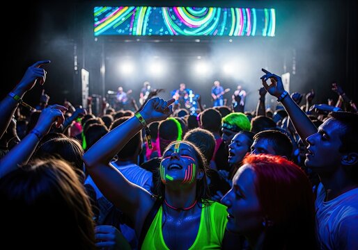 Photo of a vibrant crowd enjoys a live music performance at a festival, illuminated by colorful stage lights and glowing accessories, creating an energetic atmosphere