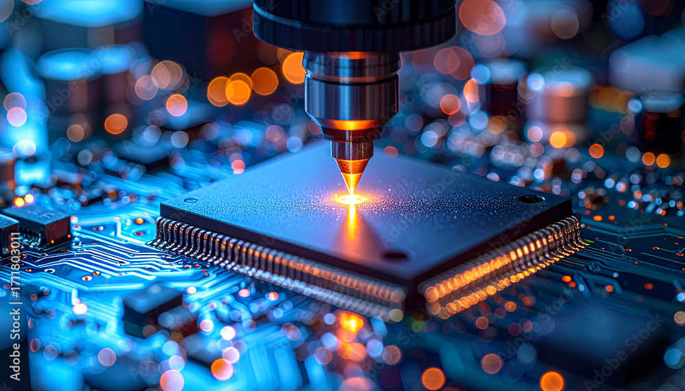 Poster laser engraving on electronic circuit: a close-up shot of a precision laser etching an intricate des