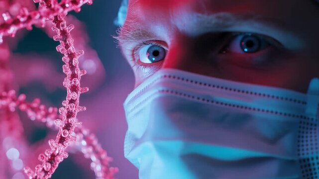 Exploring genetic data processing with a focus on DNA strands and a researcher in a laboratory setting, data processing and dna strands over caucasian male surgeon with face mask - Powered by Adobe