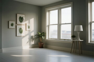 Fototapeta premium Bright and airy room with large windows and plant decorations