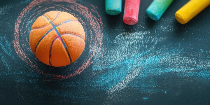 A vibrant basketball sits on a chalkboard, surrounded by colorful chalk, creating a playful and artistic scene.