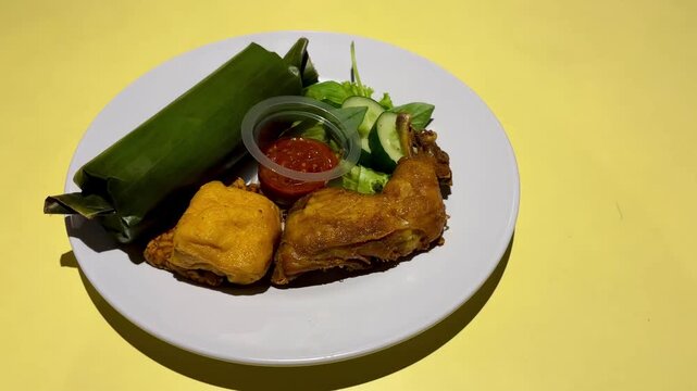 Indonesian food, fried chicken, tofu, tempeh, chili sauce and liwet rice is served on the table with panning camera