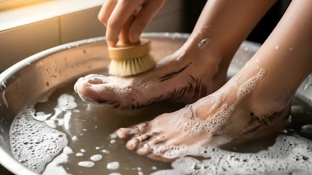Washing dirty feet with brush in soapy water basin