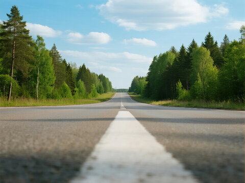 A straight road surrounded by lush green trees under a clear sky