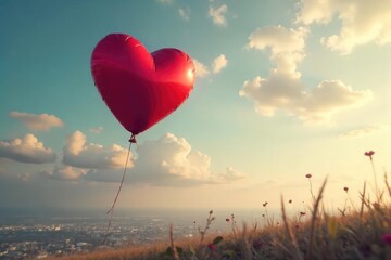 Fototapeta premium A single heart-shaped balloon floats away, symbolizing lost love and bittersweet solitude; a poignant image of unrequited affection and longing for connection , heart, wish