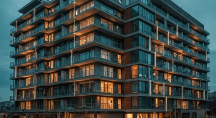 Obraz premium Captivating Dusk View of a Modern Apartment Building with Glass Facade