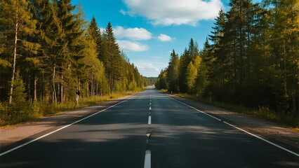 A long empty road surrounded by lush green trees under a clear blue sky